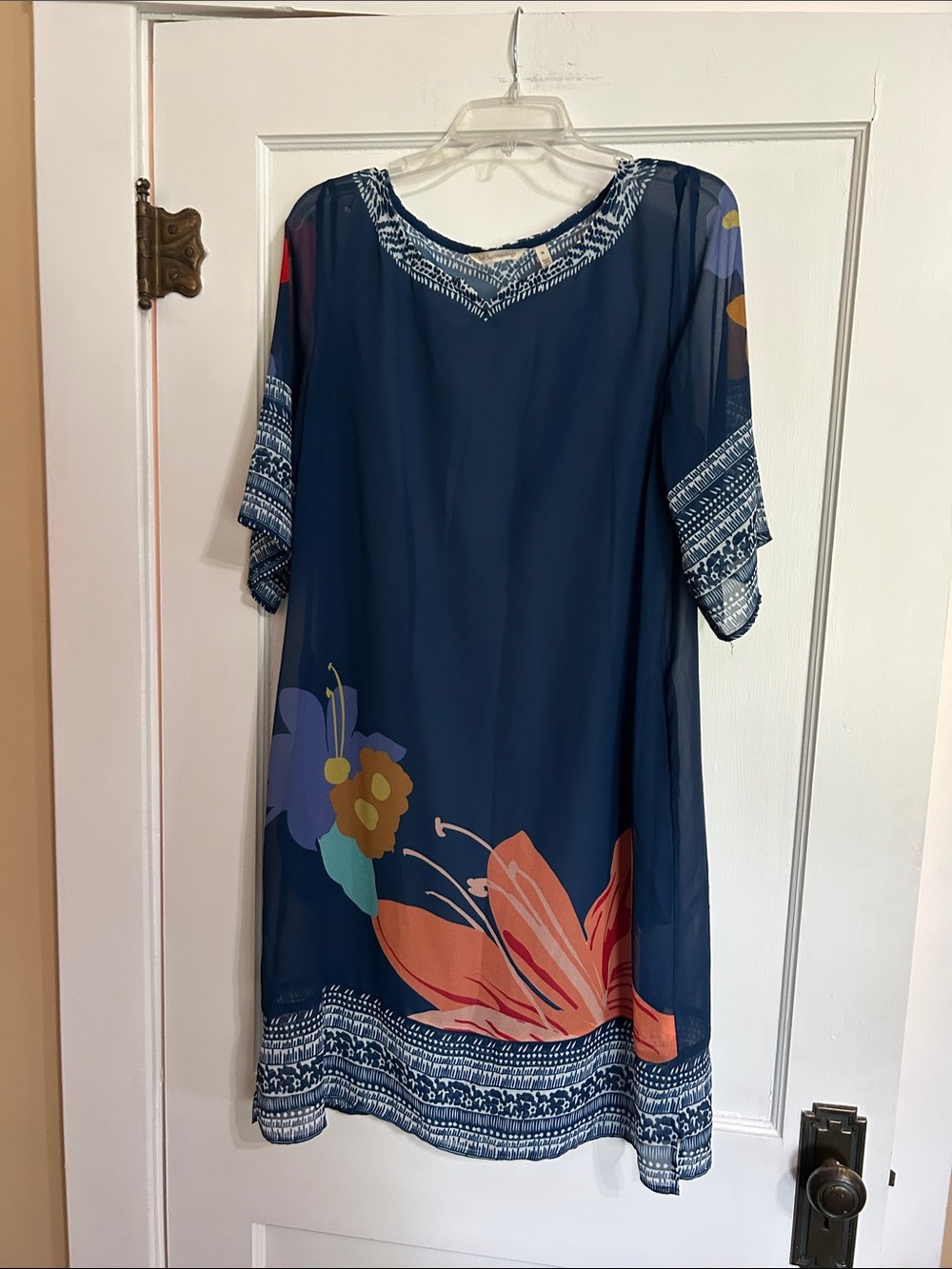 Soft Surroundings Navy floral print sheer dress.